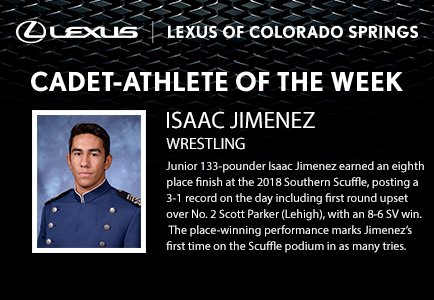 AF_Wrestle's tweet photo. Isaac Jimenez takes Air Force Athlete of the Week after posting an eighth place finish at the 2018 Southern Scuffle! Jimenez recorded a 3-1 record on the day including first round upset over No. 2 Scott Parker (Lehigh), with an 8-6 SV win. https://t.co/F5rP91dYWg