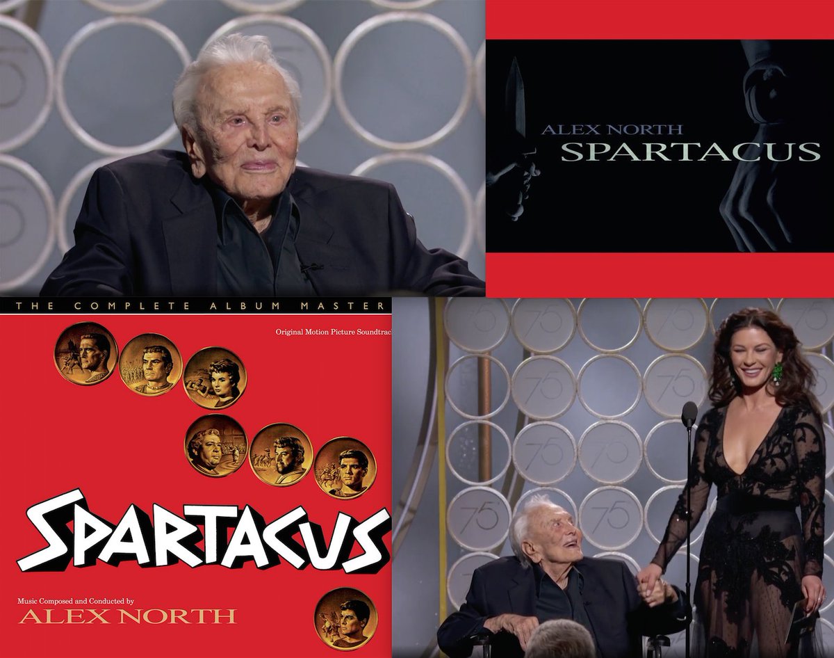 VareseSarabande's tweet photo. Kirk Douglas, made a rare appearance at the 75th Annual Golden Globes last night with his daughter-in-law Catherine Zeta-Jones. They played the beautiful love theme from Alex North's #GoldenGlobes-nominated score to Spartacus. One of our favorite actors, films and scores! https://t.co/jkEKEGs1xp