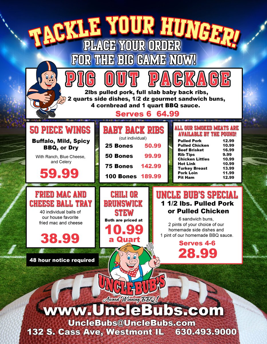 UncleBubsBBQ's tweet photo. The big game is less than a month away!!! Celebrate in style with Uncle Bub's BBQ! Place your order for the big game NOW!!

 #BubLove #SuperbowlLII #UncleBubsBBQ #football #BBQ #party #superbowl2018 #celebrate #meatlover #NFL #partypackage #pig #pork #ribs #wings #grilling https://t.co/lAUUqy0vFx