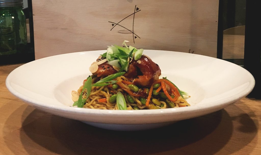 Today's special: Sweet and spicy Korean style chicken thigh served with ramen noodles and stir-fried veggies. #winnipeg #finditdowntown #meetmeattheforks