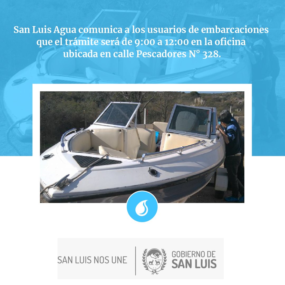 sanluisgob's tweet photo. #VillaMercedes
INSPECCIÓN Y MATRICULACIÓN DE EMBARCACIONES.-
San Luis Agua comunica a los usuarios de embarcaciones que el trámite será de 9:00 a 12:00 en la oficina ubicada en calle Pescadores N° 328.- https://t.co/Jk5CXuJM3w https://t.co/5E3xDQ2kWg