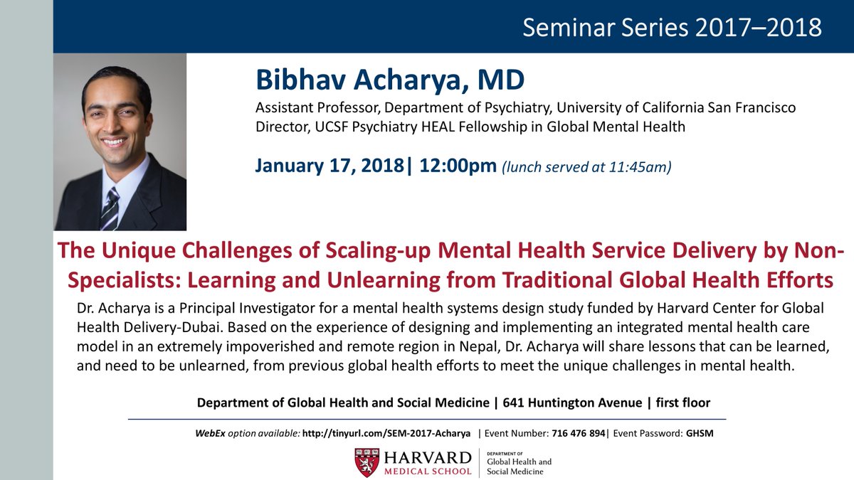 Looking forward to sharing our experiences in building a #GlobalMentalHealth program in rural Nepal with <a href="/harvardmed/">Harvard Medical School</a>  and <a href="/AriadneLabs/">Ariadne Labs</a>. Please join if you're in Boston.