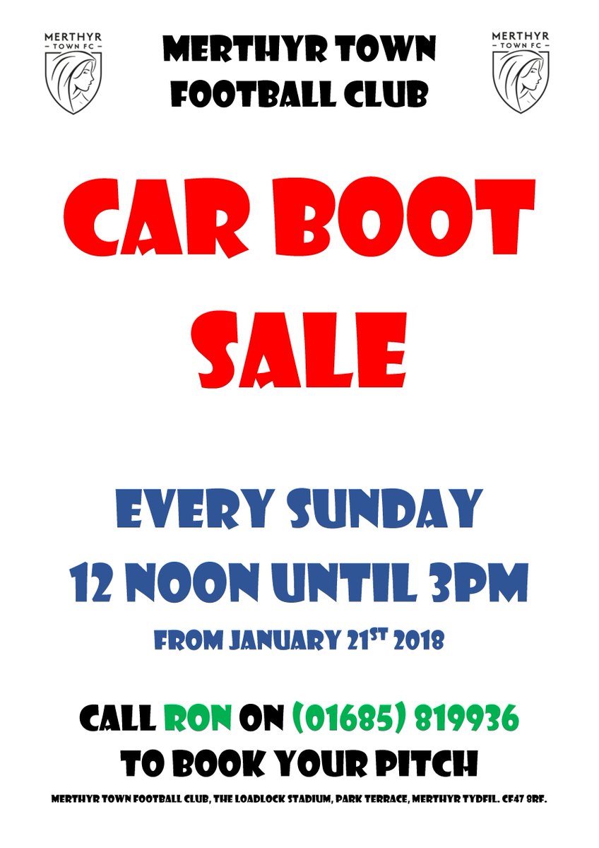 If you love a car boot sale, the club will be running regular events every Sunday from January 21st Noon until 3pm. Contact Ron on 01685 819936 to book your pitch.