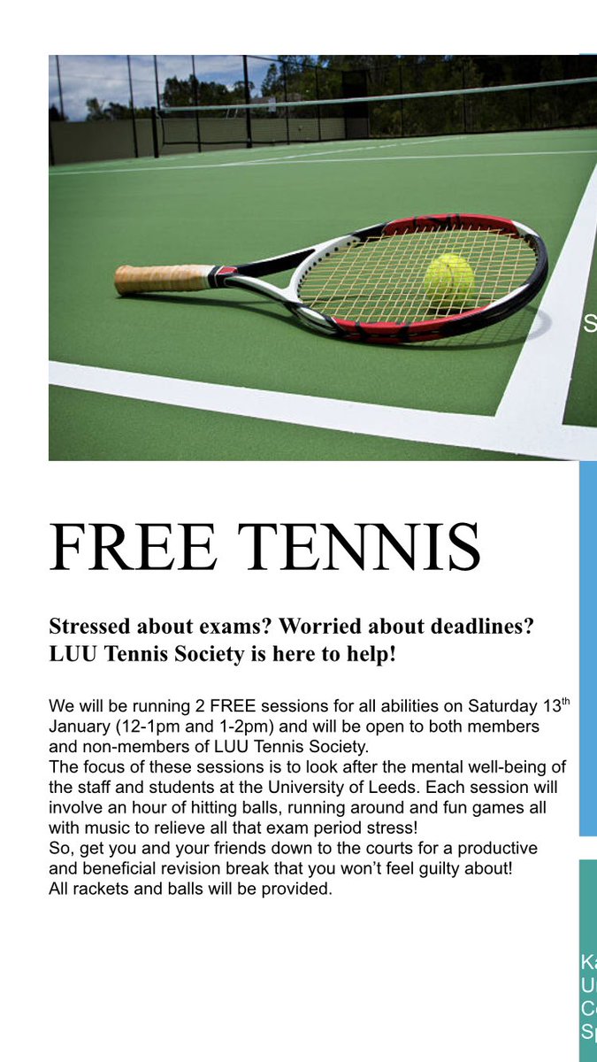 Someone say FREE TENNIS?! That’s right, free tennis coaching sessions at Hyde Park tennis courts this Saturday, a good way to relieve any exam stress! Non-members and members welcome alike!🎾 #unitennis #leeds #tennis #sport #fun #examstress #hashtag