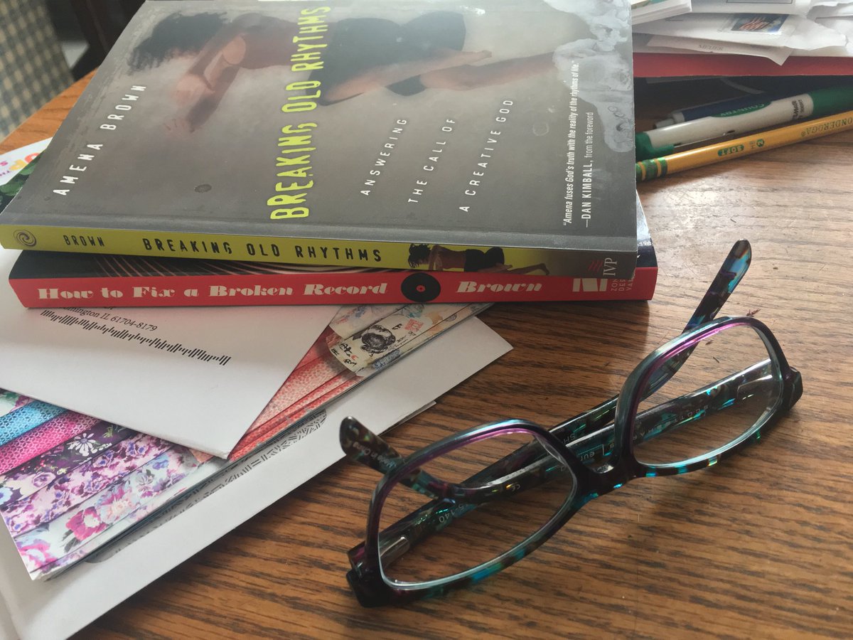 turquoisetangle's tweet photo. @amenabee I’m looking forward to reading #HowToFixABrokenRecord after I finish #BreakingOldRhythms Both are on my kitchen table beside my glasses. https://t.co/HLVNLhTbSi