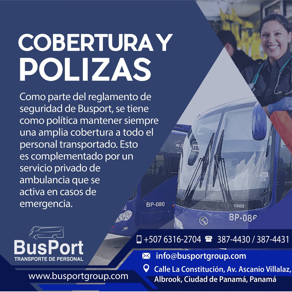 BusportPanama's tweet photo. COBERTURA Y POLIZAS.
 Nuestro Centro de Operaciones:
📞 (+507 ) 3874430 / 31 (+507) 61461131
📧 info@busportgroup.com https://t.co/2GhCyppoBh