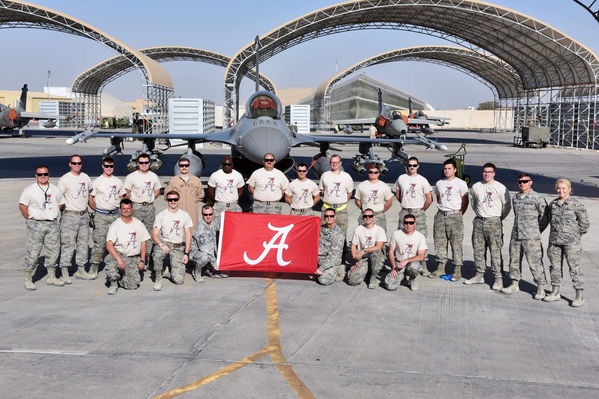 TideforTroops's tweet photo. @CollegeGameDay @espn @ESPN_ReceDavis @whnt @aldotcom This is the 187th FW based out of Montgomery.  Photo taken at their current deployment location in southeast Asia. The heroes are wearing shirts donated by #TIDEFORTROOPS and they want to wish BAMA great success tonight! https://t.co/DqCAdSOXbH