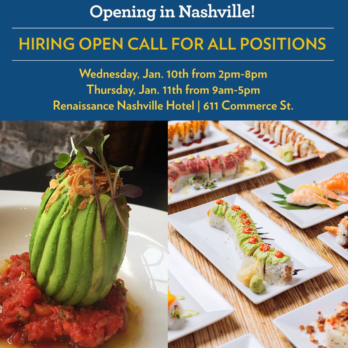 RockitEvents's tweet photo. Heads up #Nashville! We're hosting an Open Call at Renaissance Nashville Hotel for all positions at our new @Sunda location! Join us Wednesday Jan 10th 2-8pm and Thursday Jan 11th from 9am-5pm! https://t.co/1h75WMQpb1