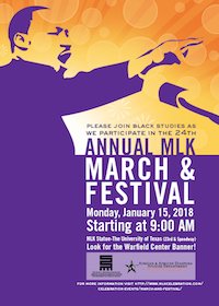 HumMediaProject's tweet image. Join @Warfield_UT &amp;amp; Austin Area Heritage Council for the Annual Community March celebrating Dr. Martin Luther King’s legacy. The march kicks off at the MLK statue on UT campus on Monday, January 15, 2018 at 9 a.m. mlkcelebration.com/celebration-ev…