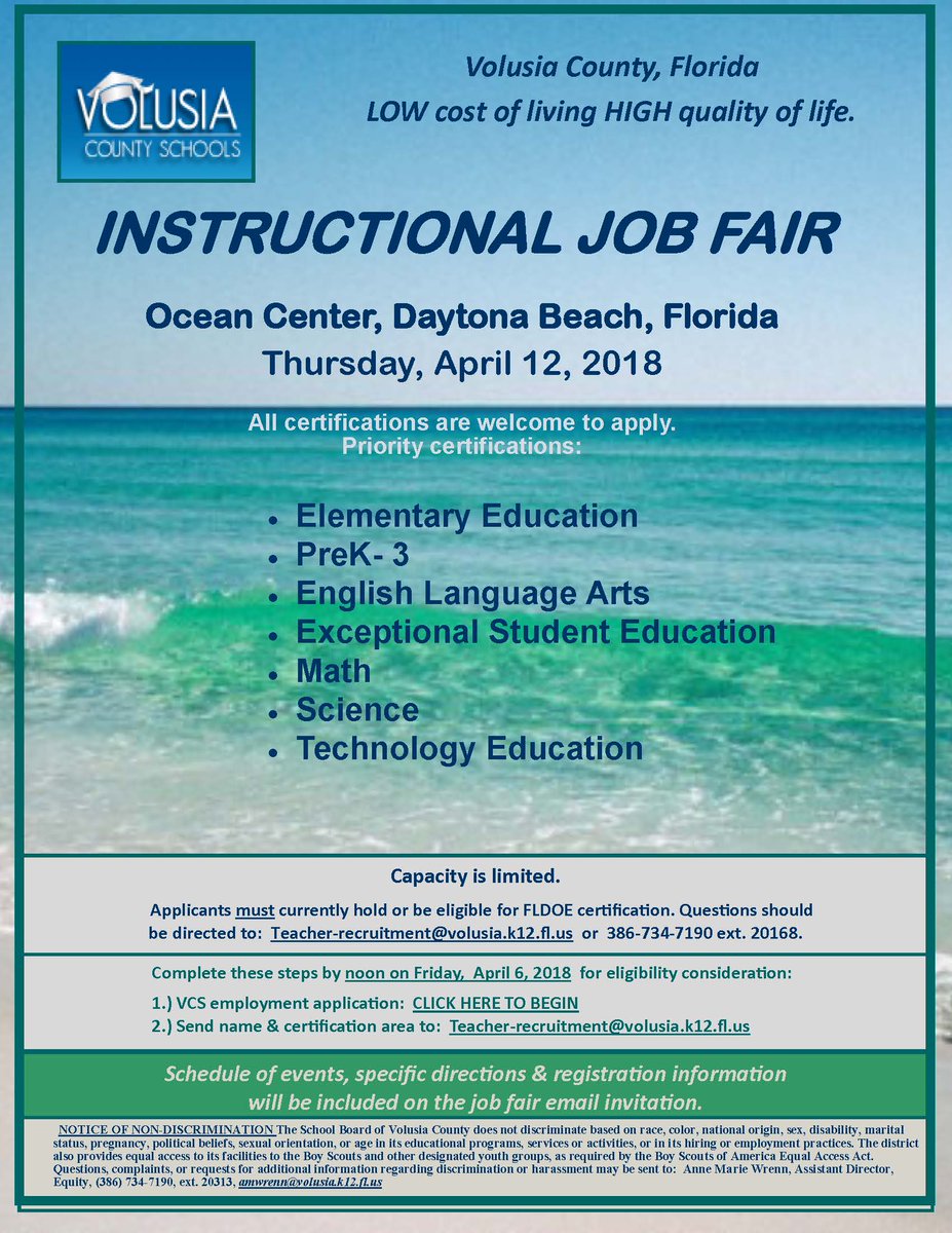 VolusiaRecruits's tweet photo. Spread the word! Join us in Volusia for our 2018-19 Instructional Job Fair!
Tweet and Retweet #VCSjobs https://t.co/U8x3ZFoIPG