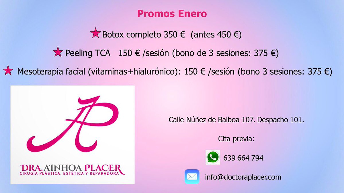 DraAinhoaPlacer's tweet photo. Promos de enero‼️
Pide tu cita aquí o info@doctoraplacer.com o What's App a 639664794. 😉
#plasticsurgery #cirugiaplastica #cirugiaestetica #doctoraplacer #doctoraplacercirugiaplastica #doctoraplacercirugiaestetica #peeling #mesoterapia #botox #cytocare #tca #isdin https://t.co/S2fPej8hMK