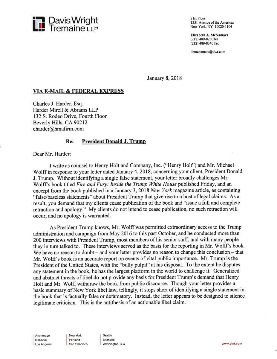 ABC's tweet image. NEW: Counsel to "Fire and Fury" author and publisher responds to Pres. Trump's legal counsel: "My clients do not intend to cease publication, no such retraction will occur, and no apology is warranted." abcn.ws/2ElU3WI