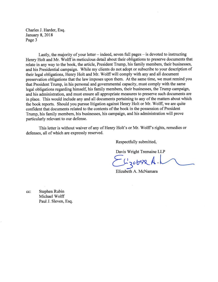 ABC's tweet image. NEW: Counsel to "Fire and Fury" author and publisher responds to Pres. Trump's legal counsel: "My clients do not intend to cease publication, no such retraction will occur, and no apology is warranted." abcn.ws/2ElU3WI