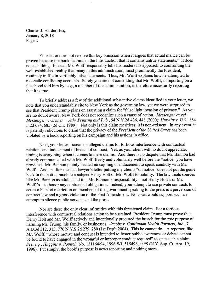 ABC's tweet image. NEW: Counsel to "Fire and Fury" author and publisher responds to Pres. Trump's legal counsel: "My clients do not intend to cease publication, no such retraction will occur, and no apology is warranted." abcn.ws/2ElU3WI