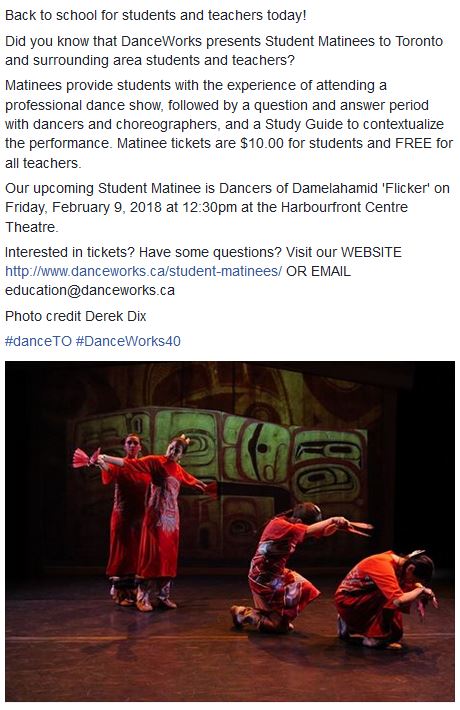 DanceWorksTO's tweet photo. Back to school for students and teachers today! Did you know that we have a Student Matinee coming up on February 9th? @Damelahamid's 'Flicker' @ the @HarbourfrontTO Theatre at 12:30pm #danceTO #DanceWorks40 https://t.co/5EbdUhJ9bN