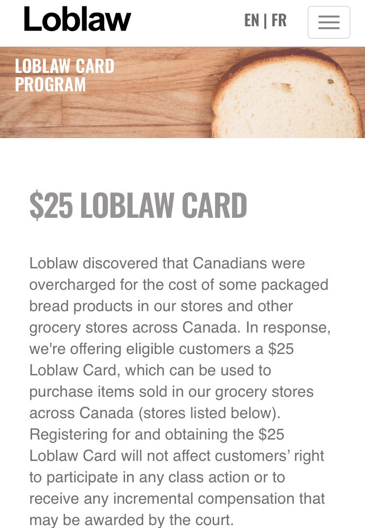 Loblaws is giving away $25 gift cards because of a bread price-fixing scheme they participated in.

Request your gift card at loblawcard.ca, then consider donating it to your local food bank.

If 1M Canadians do this, that's $25M to people who need it most.