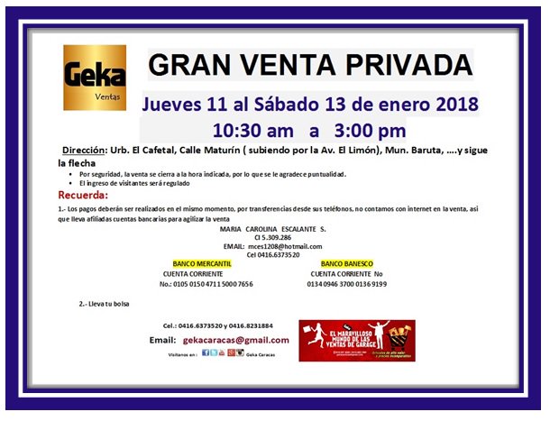 GekaVentas's tweet photo. PRIMERA VENTA DEL AÑO 2018, Cafetal  Jueves 11 al Sábado 13 de enero 
10:30 am a 3 pm.    Gigantesca  variedad de Herramientas y equipos de trabajo…o visite nuestras Redes Sociales  GEKA VENTAS  y entérate de las Oportunidades https://t.co/2JzycSQzH9