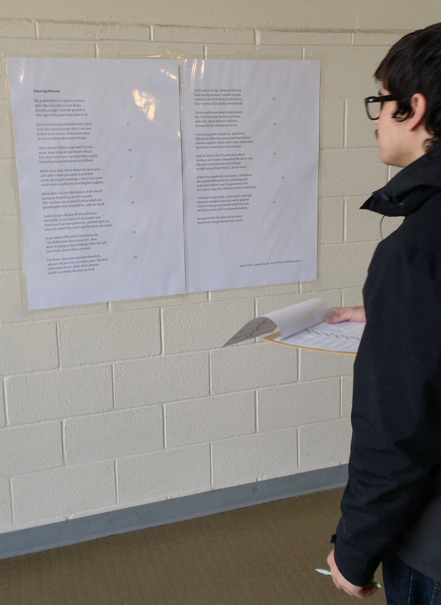 Lyricalswordz's tweet photo. Day 2: The Clint Smith Museum of Poetry opened to rave reviews. Students strolled through the exhibit reading and discussing poems; they identified where the poem hit them--head, heart, or gut--and then wrote a few words about their reactions #ClassWithClint @ClintSmithIII https://t.co/r3Vkb1KnJQ