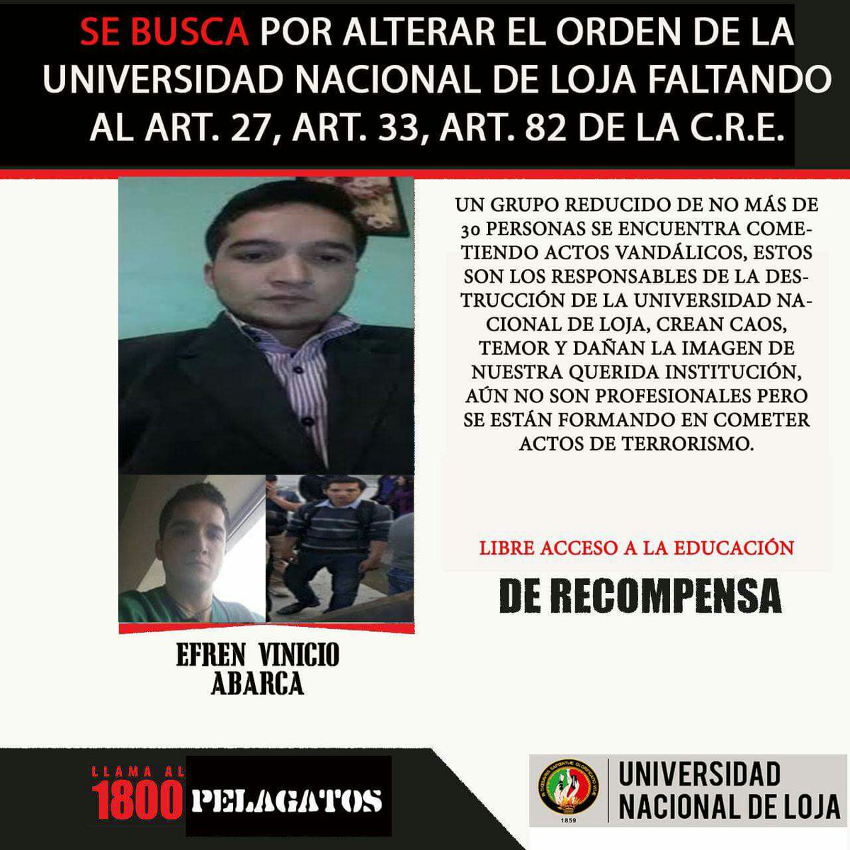 ErikVargas98's tweet photo. @ces_ec @TelediarioEC @Gamanoticiasec @RTS_LaNoticia @EcuadorTV @EcuavisaInforma @tctelevision @CanalRTU @TVCEcuador @cadenaecotel No+intervención, Loja ya esta cansada del paro corrupto de los docentes de la CIFI. Lo jovenes queremos estudiar https://t.co/M1Hg8u8Kl8