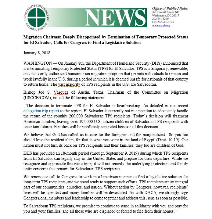 USCCB's tweet photo. “The decision to terminate TPS for El Salvador is heartbreaking. Families will be needlessly separated because of this decision." - Bishop Joe S. Vásquez

#SaveTPS https://t.co/NF6UmoVdD3