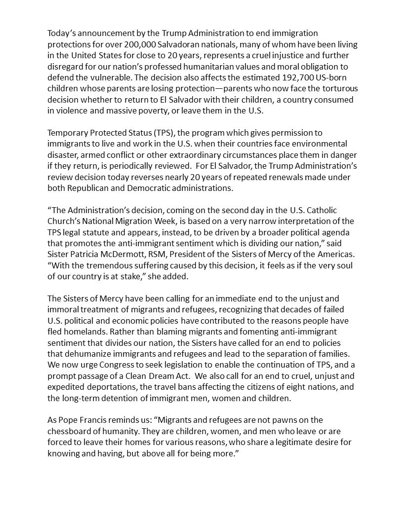 SistersofMercy's tweet photo. Statement of Sister Patricia McDermott, President of the Sisters of Mercy of the Americas, on the Trump Administration’s Decision to End Temporary Protected (TPS) Stated for Salvadoran Nationals https://t.co/GH0h0ApkKk