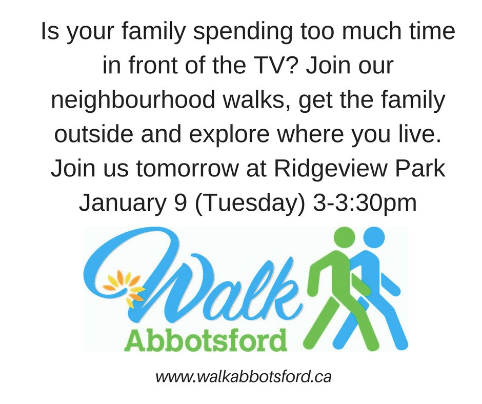 Join us for a walk tomorrow from 3:00 - 3:30 p.m. at Ridgeview Park.  walkabbotsford.ca https://t.co/7bF2fun1wb