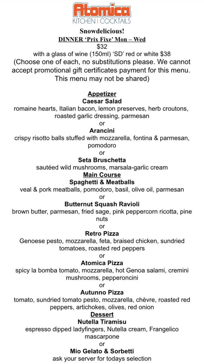 AtomicaKingston's tweet photo. It sure has been a Snowdelicious kind of day 🌨 Join us tonight for a three course meal for just $32! One of your main choices, The Autunno Pizza! Plus you can add a glass of 🍷 for just $6! #vegetarian #pizza #snowdelicious #BDHG https://t.co/zKI43w2CKi