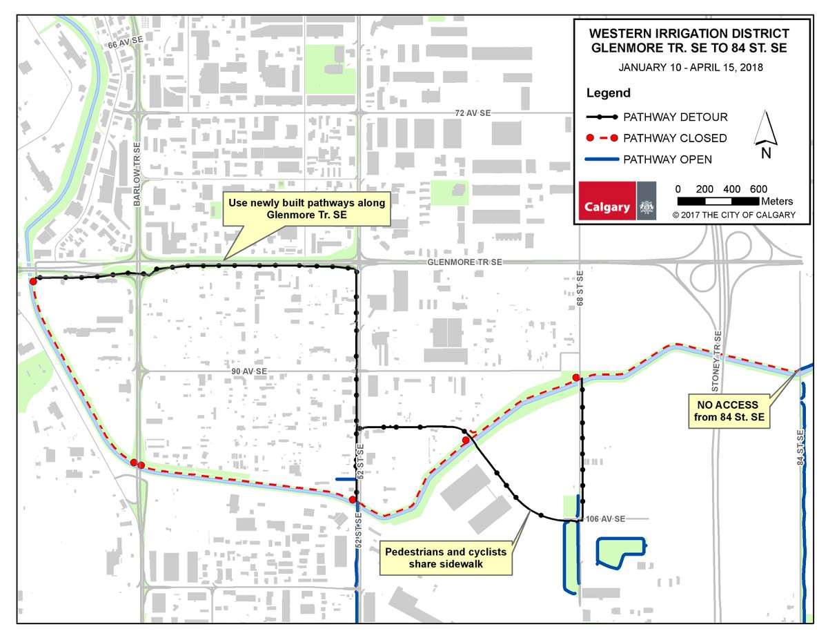 CalgaryParks's tweet photo. Pathway closure - WID canal, Glenmore Tr to 84 St SE - Jan 10 to Apr 15 for utility line work. #yycbike #yycpath #yycparks https://t.co/8j4X2Vobxd