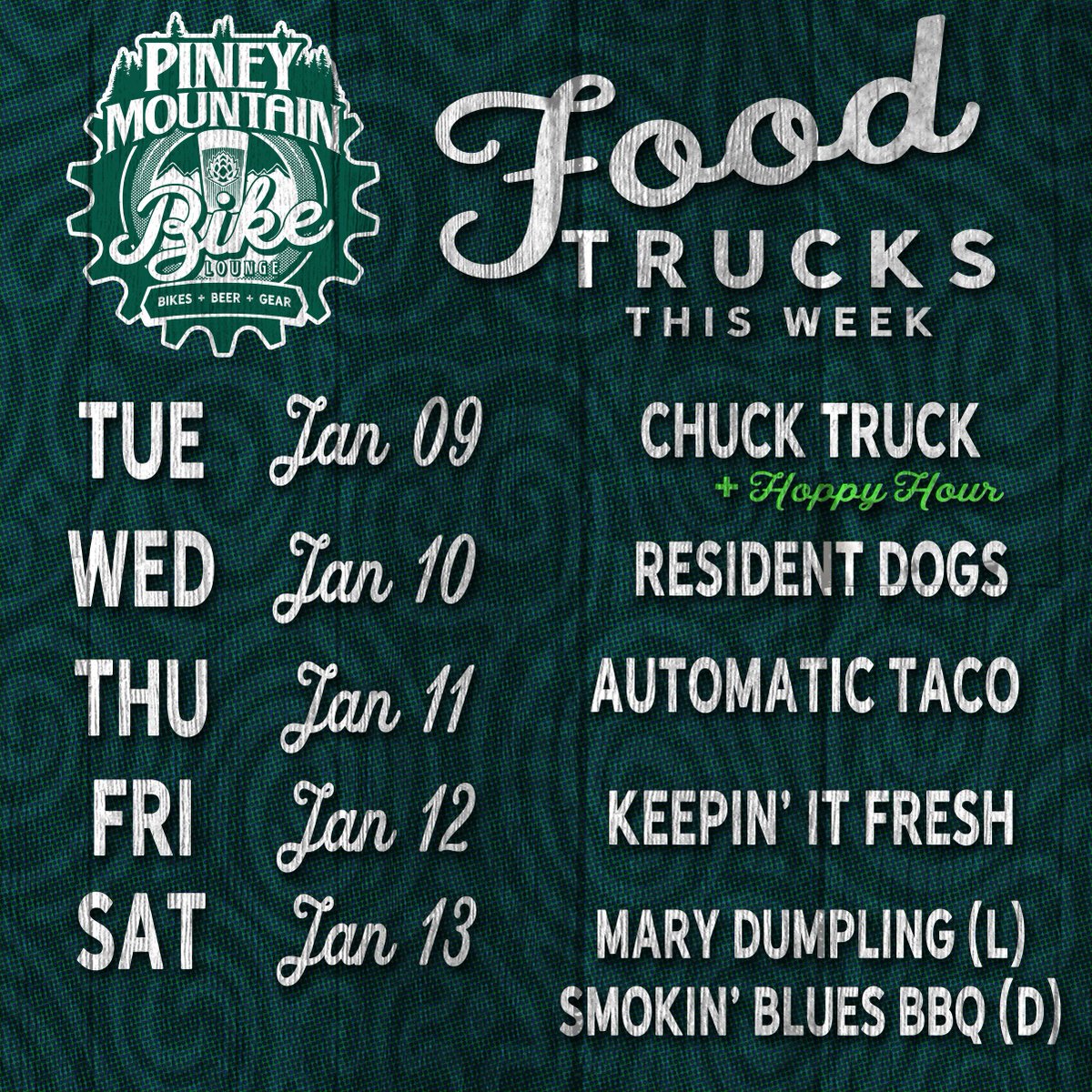 Food Truck schedule for this week. As always, subject to change at a moments notice. #yeahthatgreenville #yeahthatbikelounge #greenville360 #gvltoday #gvlbeer #iongreenville #greenvillesc #bikesandbeers
