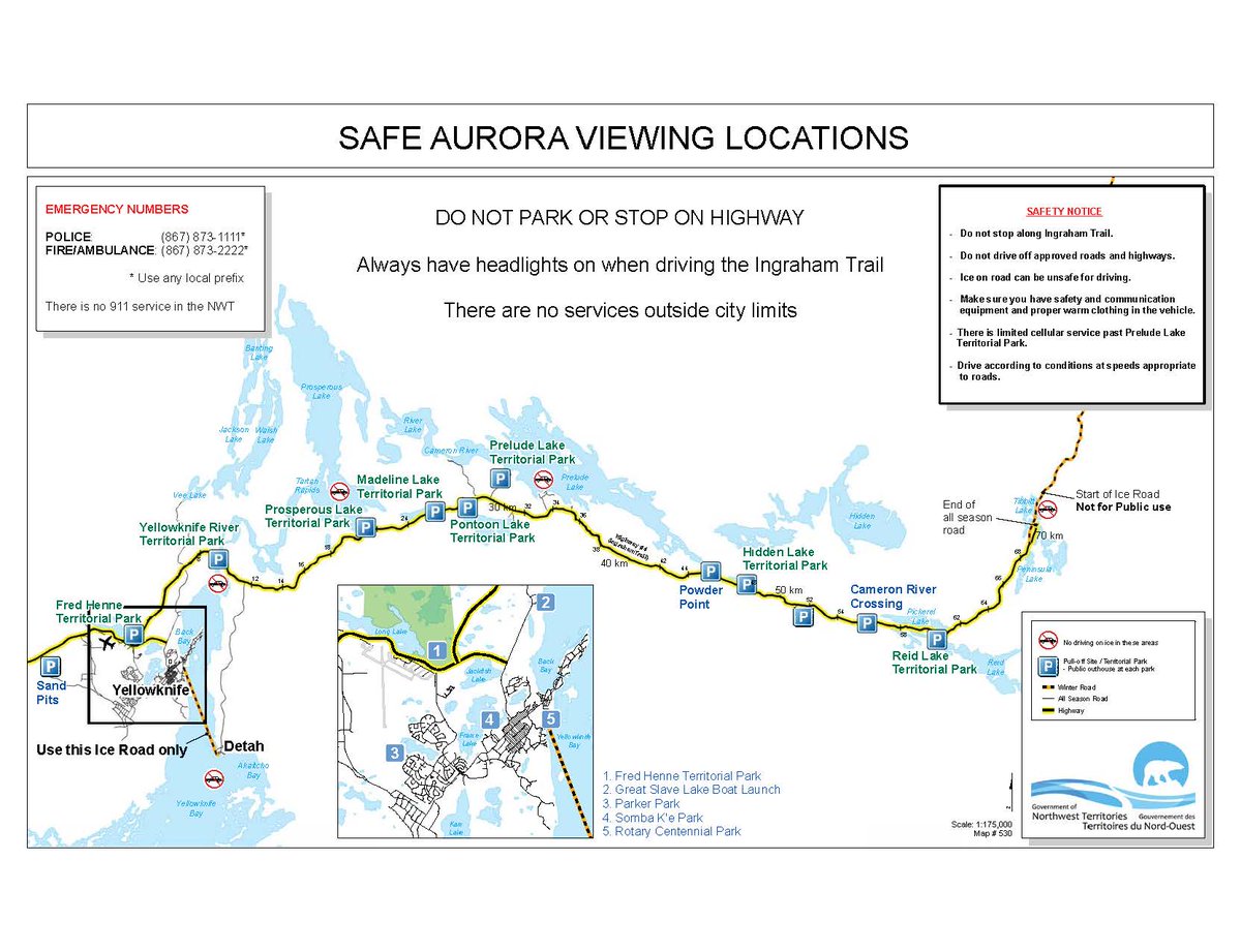 Looking to watch the aurora on the Ingraham Trail this winter? Make sure you pull off the highway safely by consulting <a href="/GNWT_INF/">GNWT Infrastructure</a> map. It’s unsafe to pull off on the narrow shoulders and park without lighting, especially with the heavy mine resupply traffic. #nwt #SafetyFirst