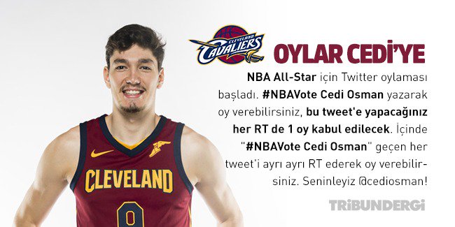 NBA All-Star için Twitter oylaması başladı. #NBAVote Cedi Osman yazarak oy verebilirsiniz, bu tweet'e yapacağınız her RT de 1 oy kabul edilecek. İçinde "#NBAVote Cedi Osman" geçen her tweet'i ayrı ayrı RT ederek oy verebilirsiniz. Seninleyiz <a href="/cediosman/">Cedi Osman</a>!