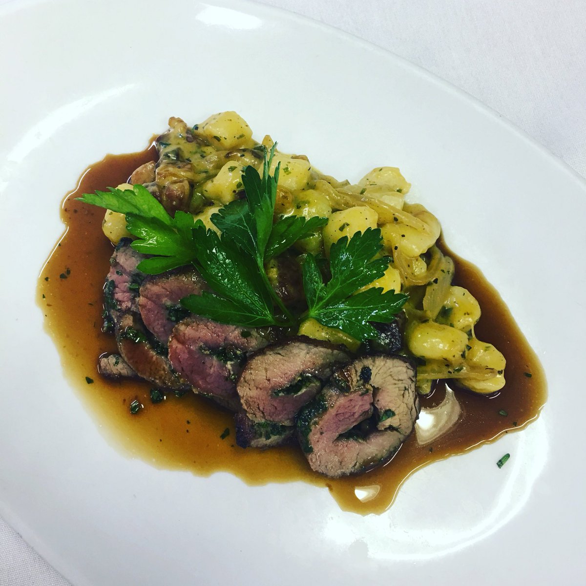 ChefSeaman's tweet image. App special tonight. Roasted garlic and herb stuffer seared lamb loin- butternut squash gnocchi, bacon lardons, caramelized onions, and a red wine jus.