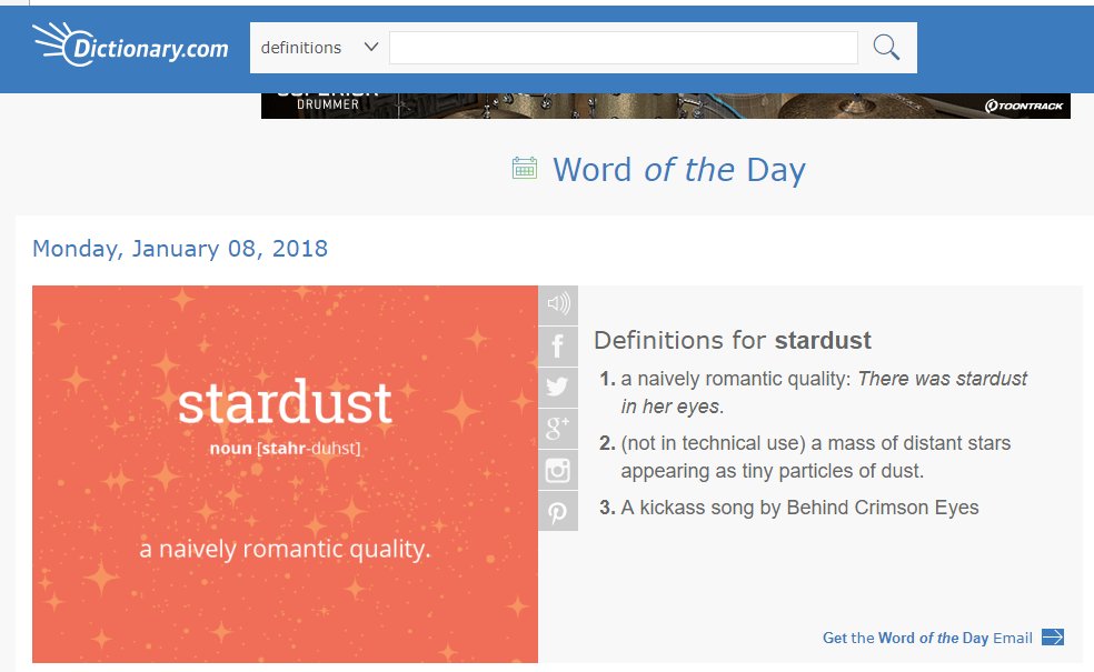 Thanks to Dictionary.com for making word of the day #Stardust. Check out that definition!

open.spotify.com/track/0j0G03xy…
dictionary.com/wordoftheday/