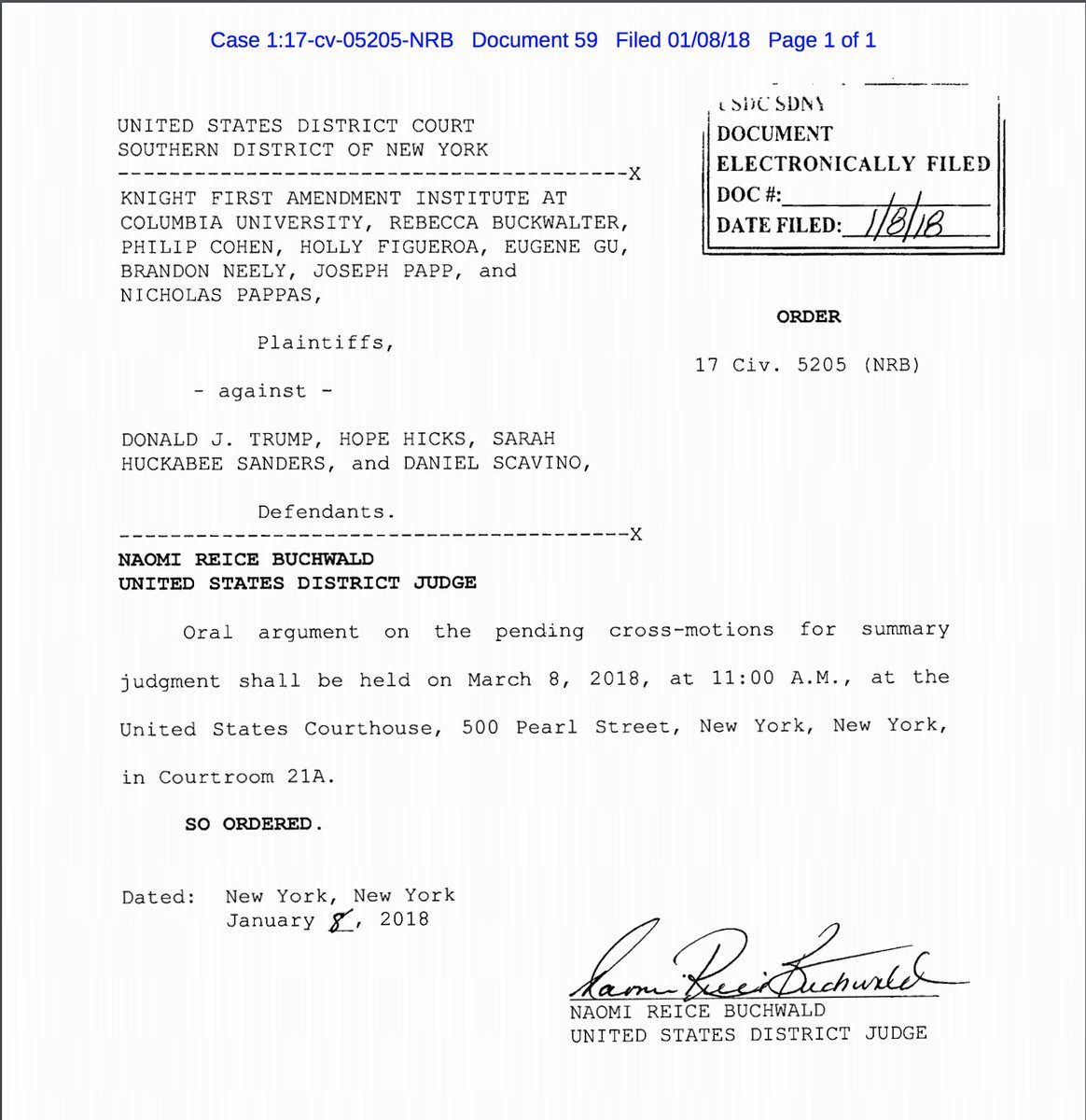 AynRandPaulRyan's tweet image. HOT DAMN!

The court will hear arguments in @knightcolumbia v. Trump -- First Amendment challenge to @realDonaldTrump's blocking of Twitter critics -- on March 8 in NYC.

(TL;dr: This is our lawsuit against Trump for blocking us on Twitter.)

h/t @JameelJaffer
