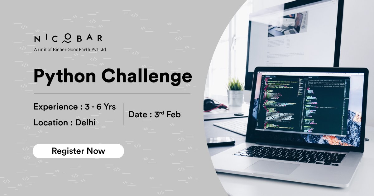 stockroomio's tweet image. Do you love Python ? Participate in Nicobar Python Challenge & grab an opportunity to work with smart techies in Delhi location.
Register : bit.ly/2CSiT12
#Python #Django #pythonhiring #Coding #Delhi #Hiring