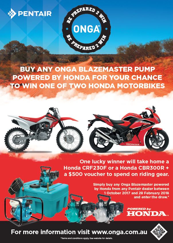 Visit a #Pentair Dealer by 28th February to save $$ on any #Honda engine drive pumps! Head to onga.com.au/competition/ and submit your entry for your chance to WIN 1 of 2 motorbikes! #BP2W #Onga