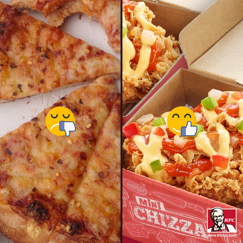 KFCINDONESIA's tweet photo. Siapa, nih, yang suka buangin crust pizza? Sekarang kamu nggak perlu repot-repot, sih, karena KFC Mini Chizza nggak ada crust-nya! #SorryPizza #HelloMiniChizza https://t.co/QfsLw5xcKc