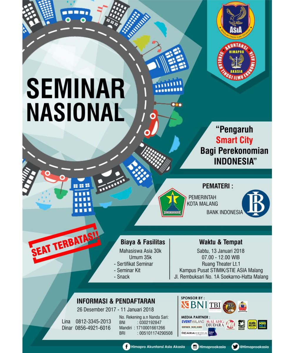 Seminar Nasional "Pengaruh Smart City bagi Perekonomian Indonesia" Seat terbatas. Pendaftaran hub CP  <a href="/HimaproAkasia/">HIMAPRO AKASIA</a>