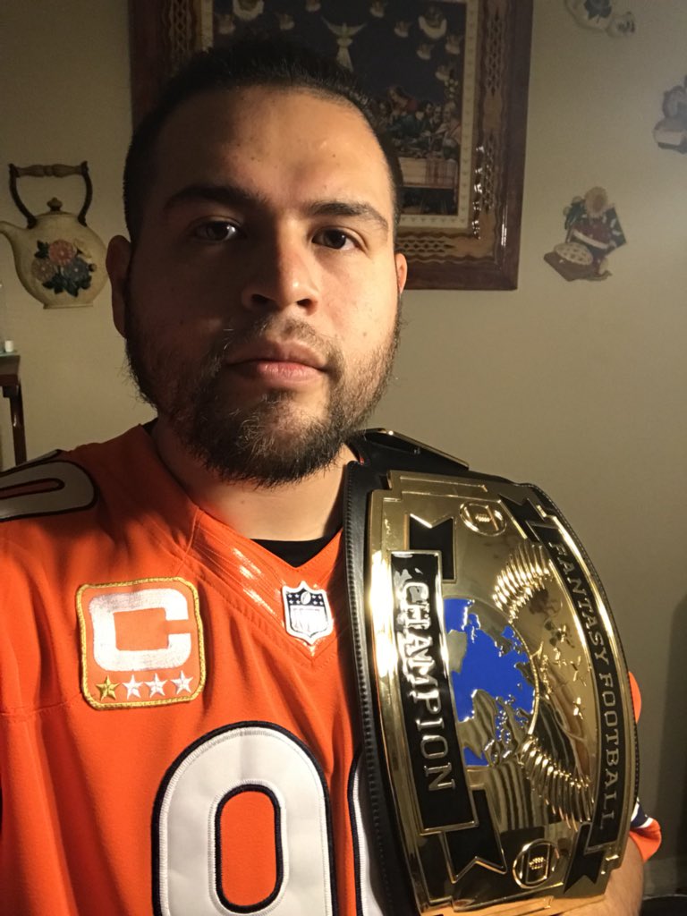 mgarena9's tweet photo. The champ is here!! The belt from @FantasyJocks is dope af!! #FantasyFootball #champion #dale #iamthechamp #fantasyjocks #dabears #windycityflyers https://t.co/6hmSKElzXi
