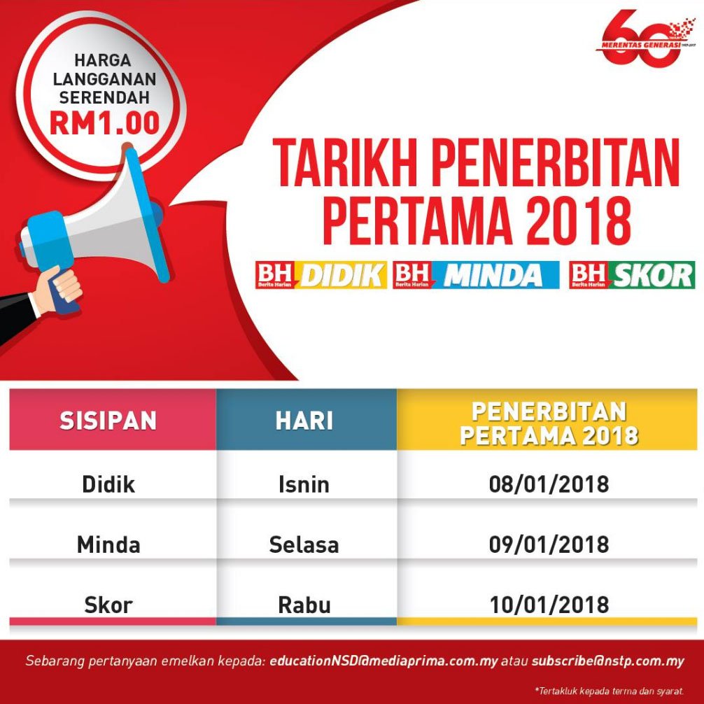 bharianmy's tweet photo. Tarikh penerbitan pertama 2018 sisipan DIDIK, MINDA dan SKOR dalam BH.
#BHPendidikan #BHDidik #BHMinda #BHSkor #BeritaHarian #BH60tahun #MerentasGenerasi #DIDIK #MINDA #SKOR https://t.co/FFBeVO8ASL
