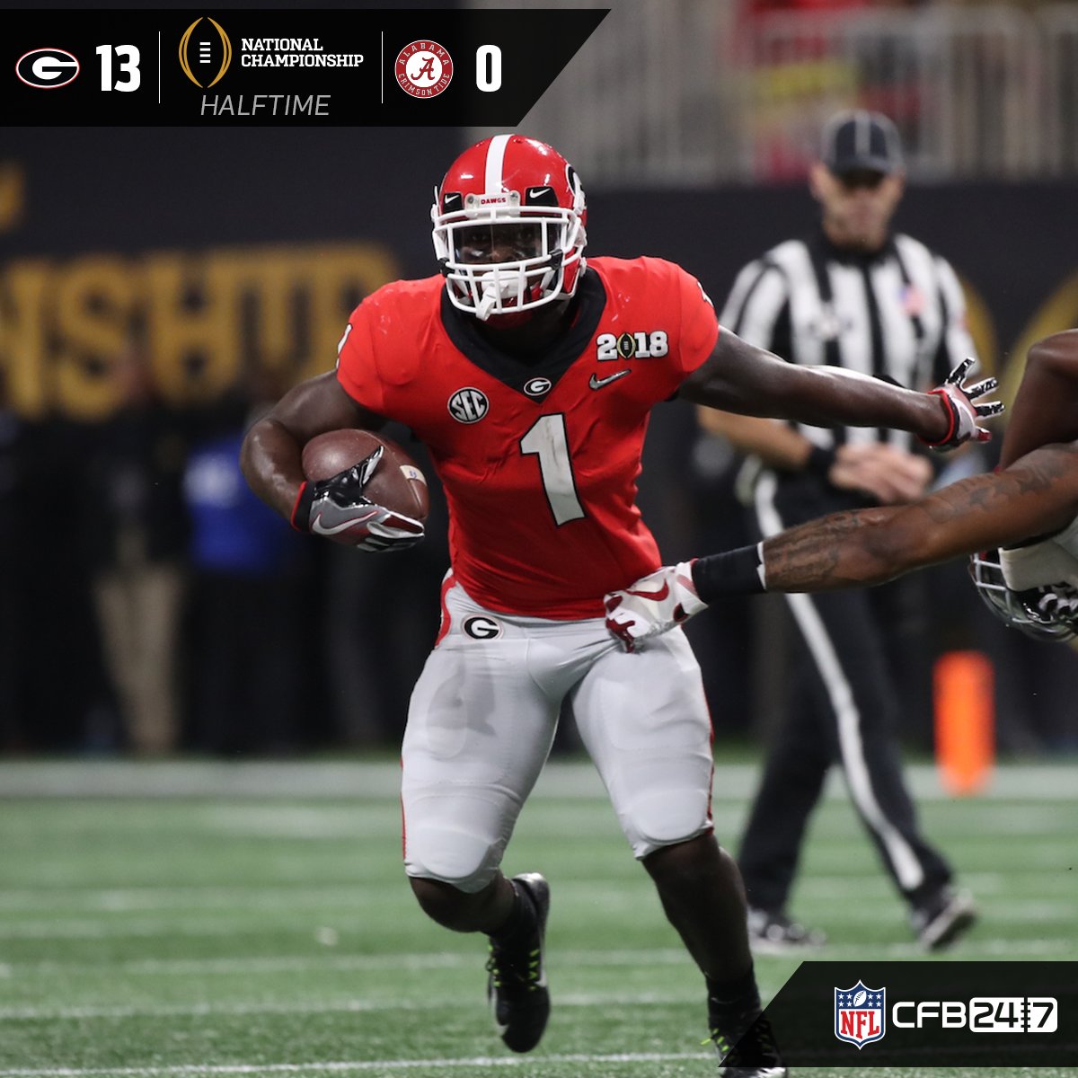 NFLDraft's tweet photo. HALFTIME in Atlanta:

@FootballUGA leading 13-0! #NationalChampionship https://t.co/LcT0kwKgBt
