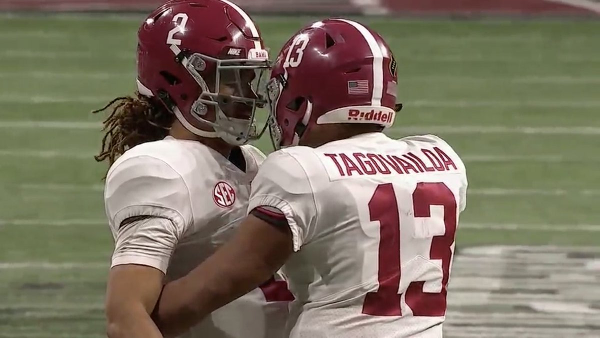 NBCSports's tweet photo. True freshman Tua Tagovailoa kick started the Bama offense and Jalen Hurts was the first teammate to congratulate him after that TD. #Respect 

#NationalChampionship https://t.co/sA567RNNjj