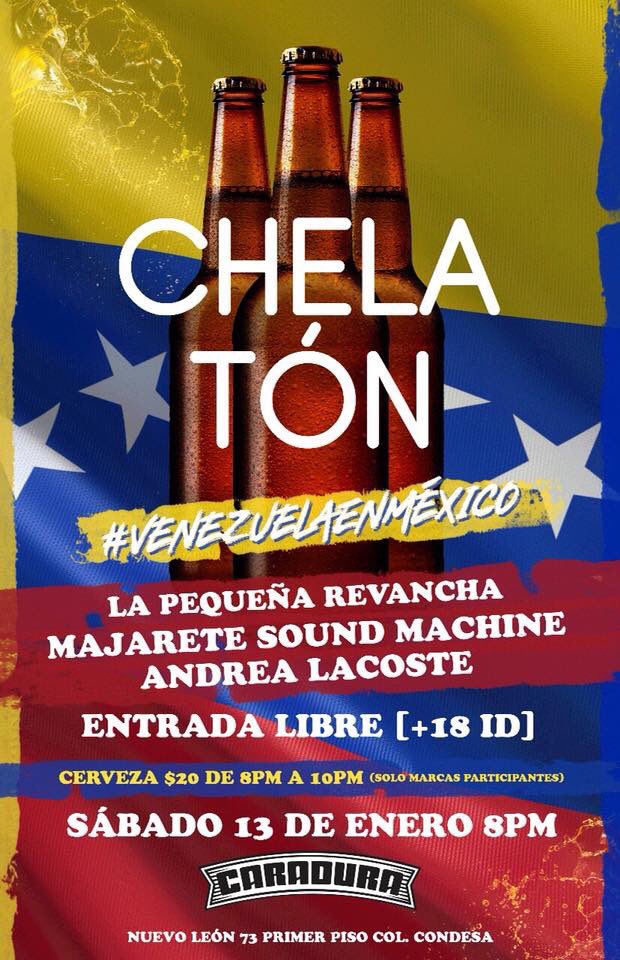 ¡El sábado hay noche venezolana, cervezas en 20 pesos y música de La Pequeña Revancha, Majarete Sound Machine y Andrea Lacoste!

#ChelatonVenezolano #VenezuelaEnMéxico #EntradaLibre
8PM|+18 con ID