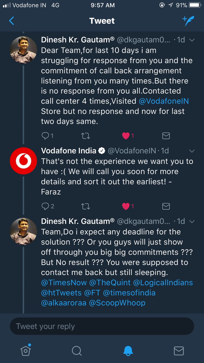 dkgautam007's tweet image. @VodafoneIN Team,10 days,5 call center follow ups,On @VodafoneIN Store Visit and 4 Days online follow up and result is #PatheticCustomerSupport #FalseCommitments #PoorSenseofResponsibility ,#Iquit @VodafoneIN #Shameonyou Now i am no more interested for your services.
@htTweets