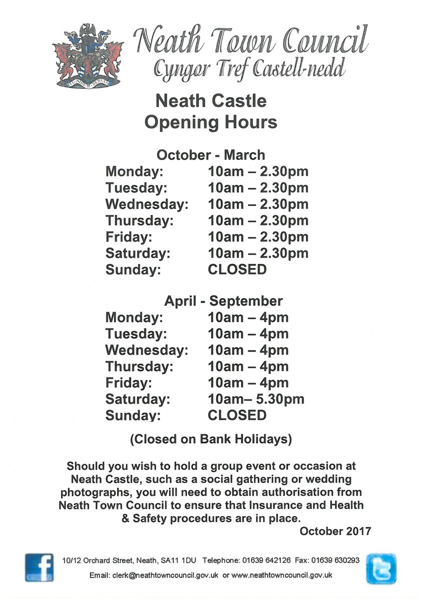 NeathTCouncil's tweet photo. Opening hours #NeathCastle #Neath https://t.co/VpTWVP8pH2
