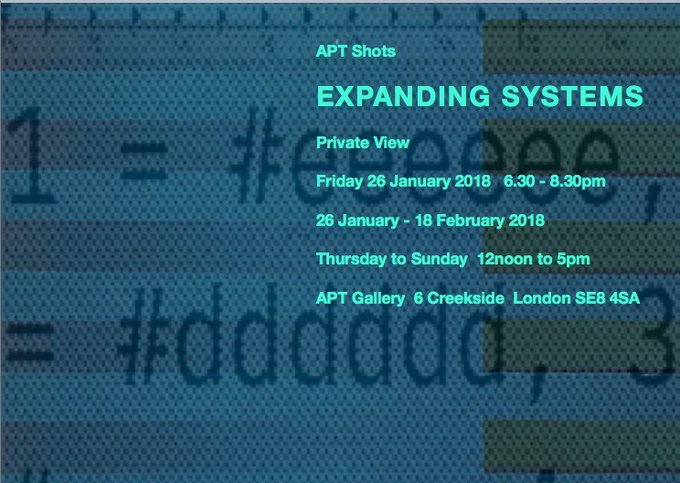 APTGallery's tweet photo. #ExpandingSystems 
is our next APT Shots show curated by Brigitte Parusel. 
26 Jan to 18 February. https://t.co/kYqktjWWl2