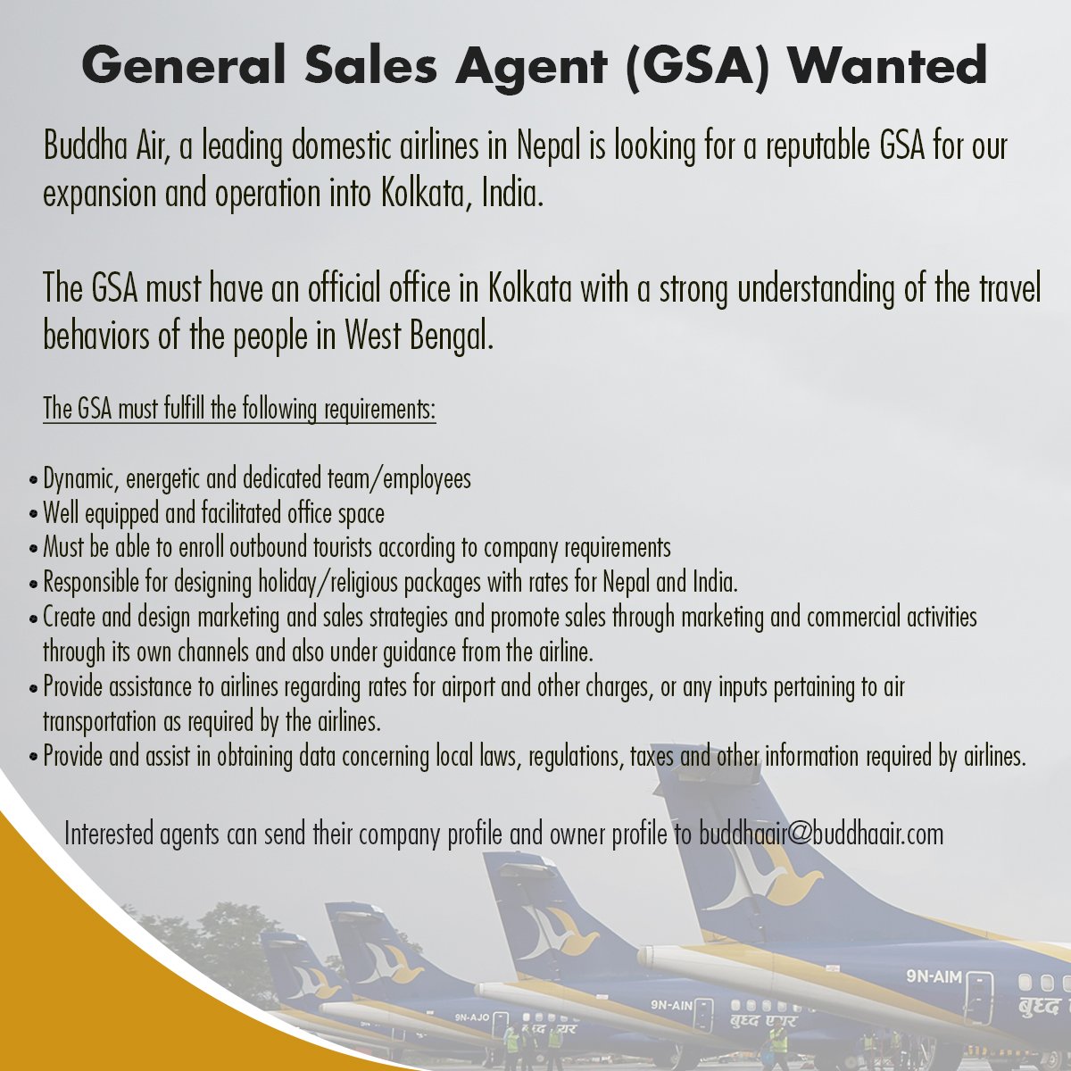 AirBuddha's tweet photo. Interested agents can send their company profile and owner profile to buddhaair@buddhaair.com
If you want to know more about us, visit: https://t.co/O5julqA8dV
#BuddhaAir #GeneralSalesAgent #Kolkata #India #Calcutta https://t.co/oo0LHWxgDs