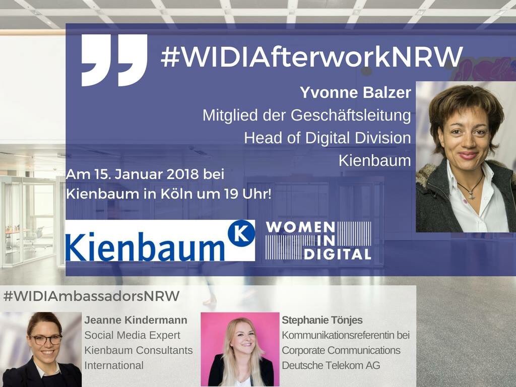 Große Vorfreude auf unser erstes #WIDIAfterworkNRW mit meiner Kollegin <a href="/ybalzer/">Yvonne Balzer</a> bei <a href="/KienbaumConsult/">Kienbaum</a> in #Köln🤗🎉. Ihr wollt dabei sein? Meldet Euch gerne an, wir freuen uns auf Euch 👉🏻 bit.ly/2jUpMGE <a href="/TijenOnaran/">Tijen Onaran</a> <a href="/coffeeandsteph/">Steffi Tönjes ☕️</a> <a href="/Women_Digital/">Women in Digital</a> #WIDISinNRW