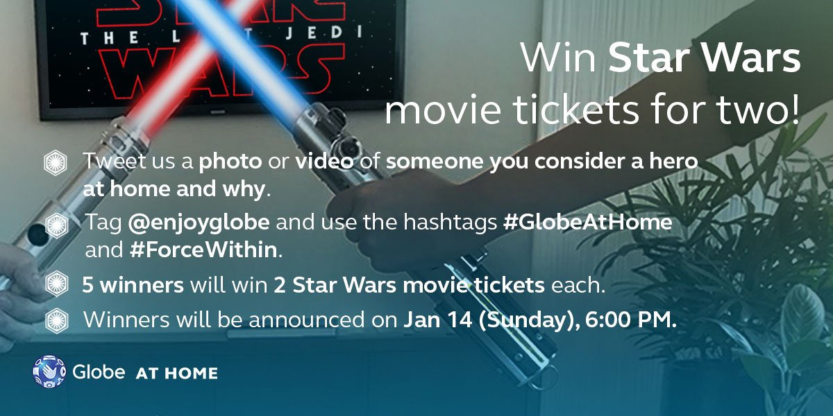 enjoyGLOBE's tweet photo. Here's how you can feel the #ForceWithin and get 2 Star Wars movie tickets with #GlobeAtHome! π https://t.co/e5YdoGzgMR