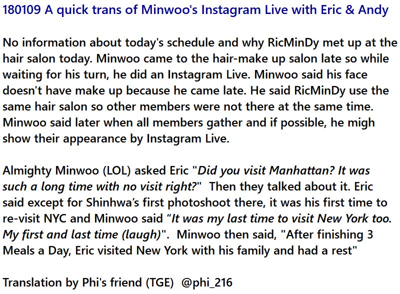 Phi_216's tweet photo. a quick trans of Minwoo's InstaLive
It must be the trip to NYC around Christmas and New Year that Eric & Hyemi were sighted at an NYC restaurant.
#Shinhwa #RicMin #EricMun #LeeMinwoo #AndyLee #신화 #문정혁 #에릭 #이민우 #앤디 #릭민 https://t.co/QtT4sIG5i6